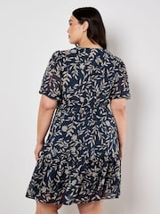 Apricot Navy Blue & Cream Mono Leaf Tie Thru Puff Sleeve Dress - Image 4 of 4