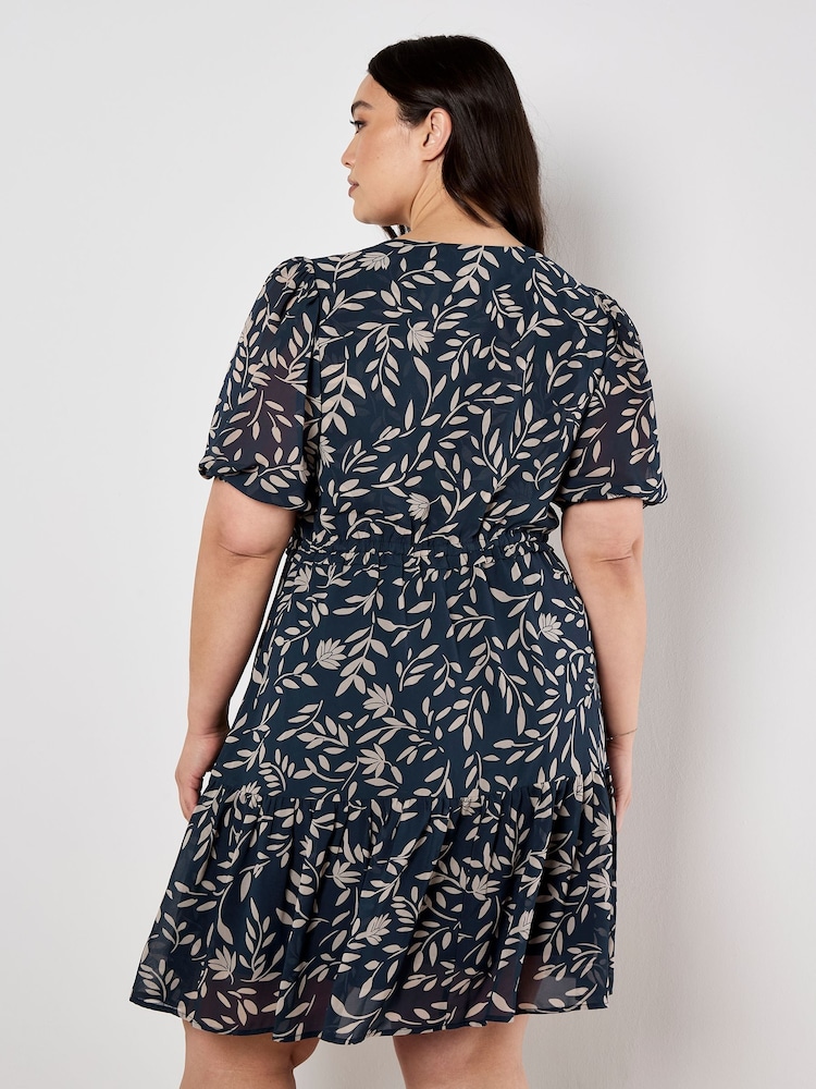Apricot Navy Blue & Cream Mono Leaf Tie Thru Puff Sleeve Dress - Image 4 of 4