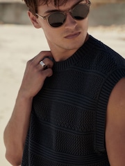 Charcoal Grey Knitted Crochet Relaxed Fit Tank - Image 1 of 7