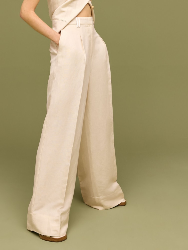 Natural Linen Blend Smart Wide Leg Trousers - Image 2 of 6