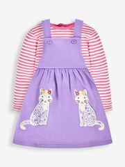 JoJo Maman Bébé Lilac Purple Cat Girls' 2-Piece Appliqué Pinafore Dress & Top Set - Image 5 of 6