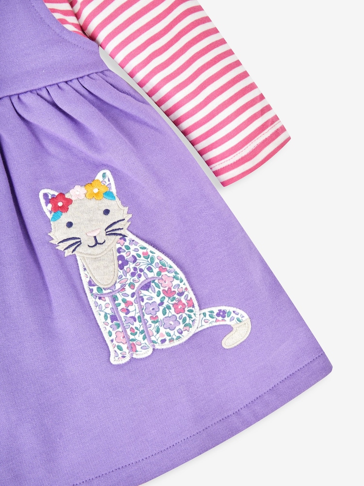 JoJo Maman Bébé Lilac Purple Cat Girls' 2-Piece Appliqué Pinafore Dress & Top Set - Image 6 of 6
