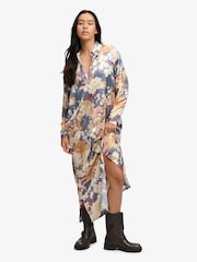 Superdry Blue Satin Print Floral Maxi Shirt Dress - Image 1 of 7