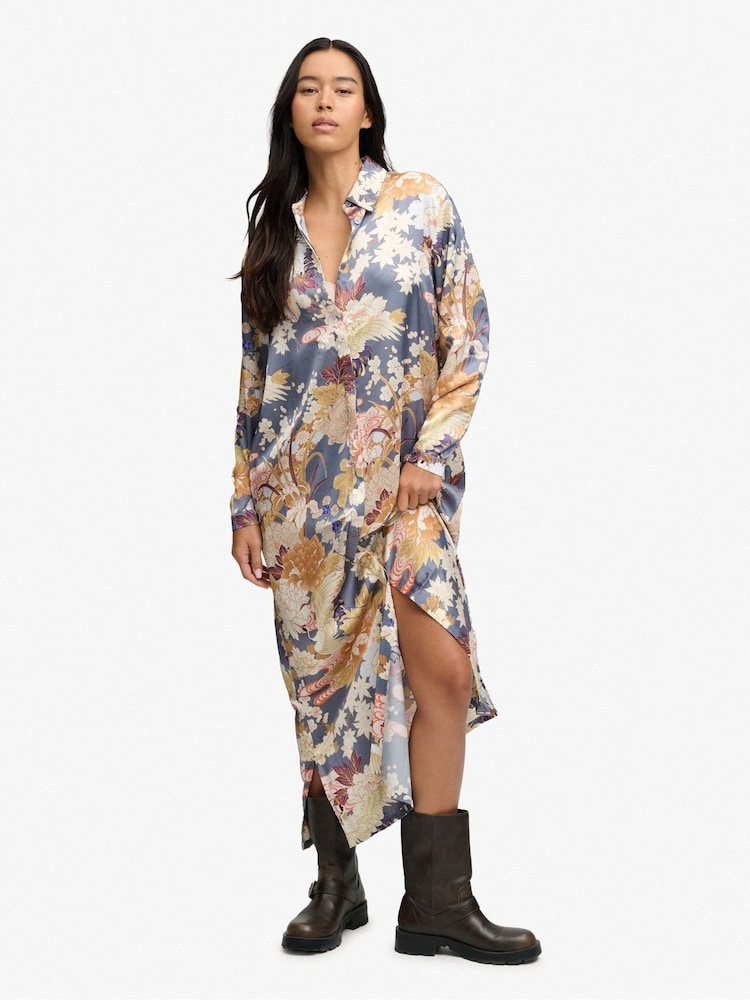 Superdry Blue Satin Print Floral Maxi Shirt Dress - Image 1 of 7 Superdry Blue Satin Print Floral Maxi Shirt Dress - Image 1 of 7