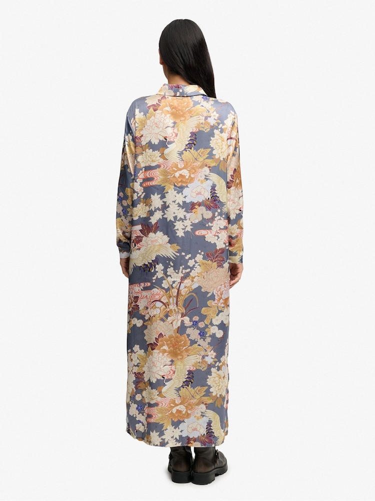 Superdry Blue Satin Print Floral Maxi Shirt Dress - Image 2 of 7 Superdry Blue Satin Print Floral Maxi Shirt Dress - Image 2 of 7