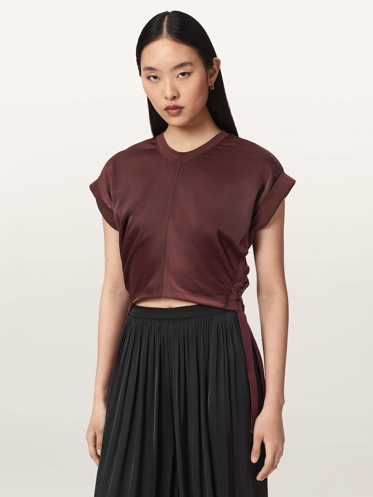 AllSaints Red Mira Satin T-Shirt - Image 1 of 6