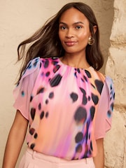 Love & Roses Multi Animal Print Flutter Short Sleeve Blouse - Image 1 of 4
