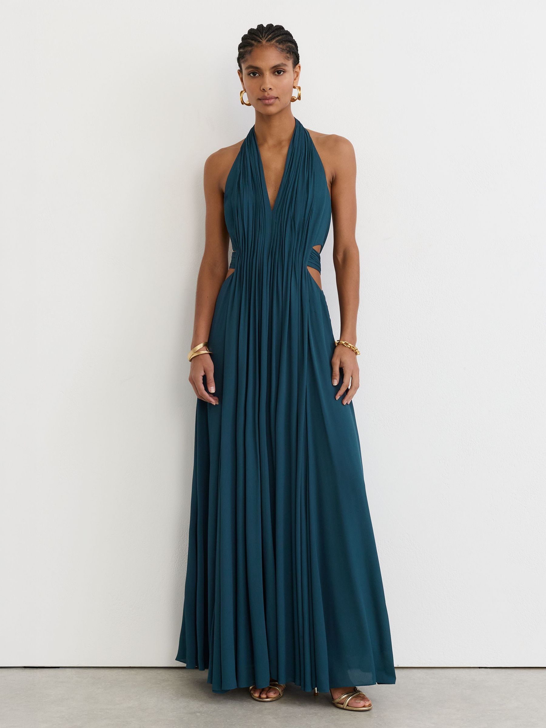 Reiss Teal Green Cara Petite Halterneck Pleated Maxi Dress In Blue