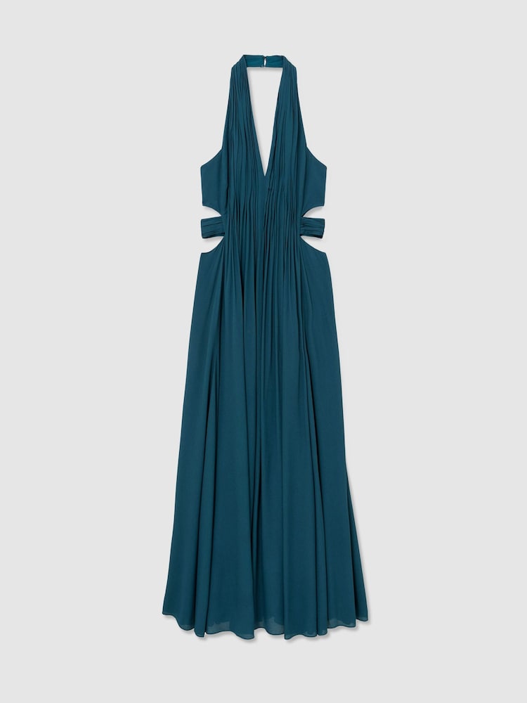 Reiss Teal Green Cara Petite Halterneck Pleated Maxi Dress - Image 2 of 8