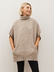 Grigio - Maglione puntinato stile poncho con collo alto - Immagine 1 di 7