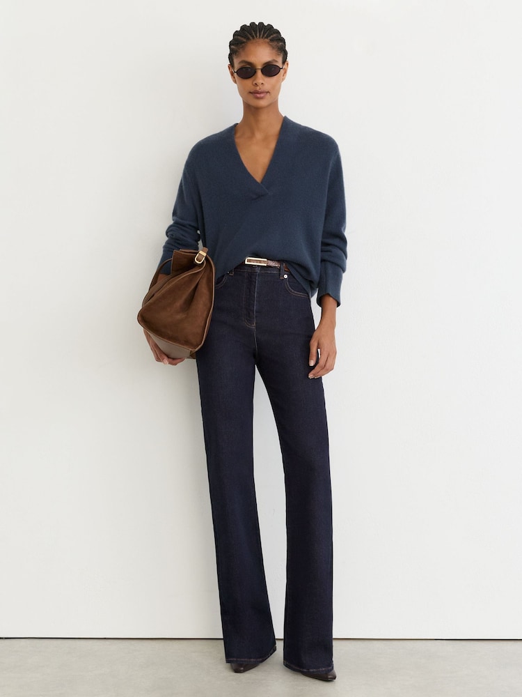 Reiss Dark Blue Andi High-Rise Bootcut Jeans - Image 1 of 7 Reiss Dark Blue Andi High-Rise Bootcut Jeans - Image 1 of 7