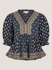 Monsoon Blue Stacee Puff Sleeve Print Jersey Top - Image 4 of 4