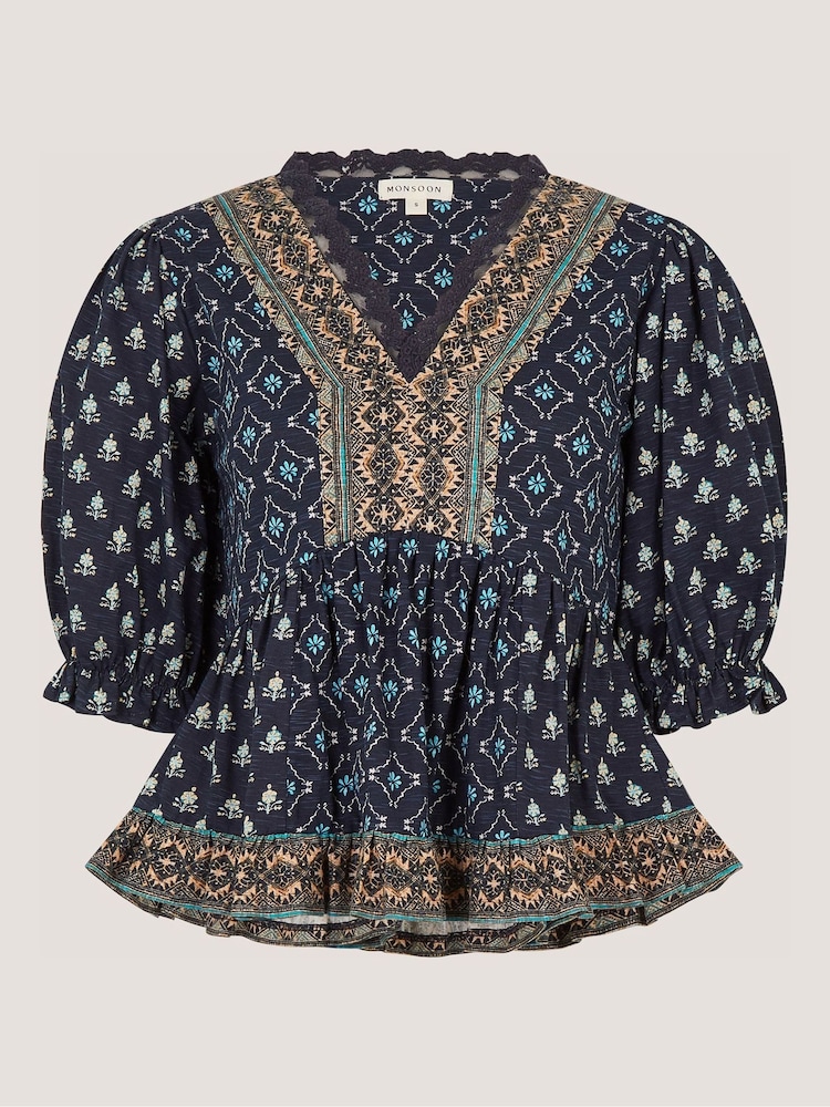 Monsoon Blue Stacee Puff Sleeve Print Jersey Top - Image 4 of 4