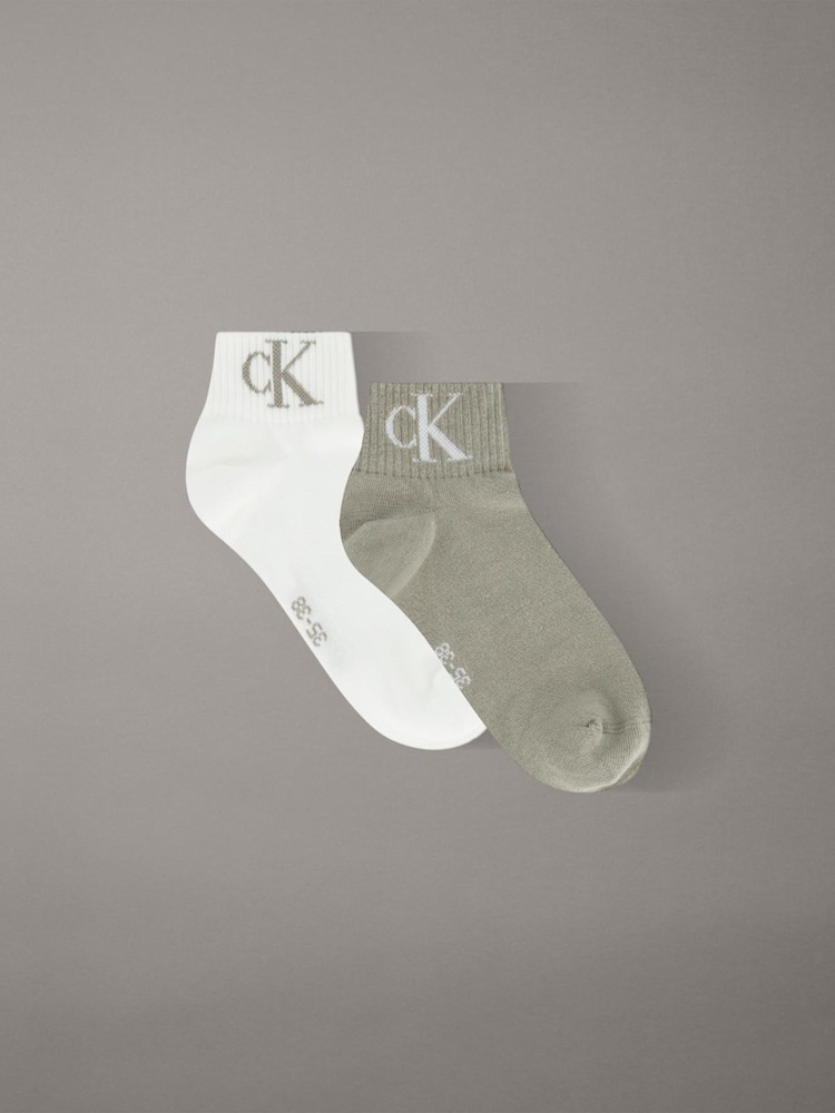 Calvin Klein Beige/White Jeans Monogram Socks 2 Pack - Image 1 of 2 Calvin Klein Beige/White Jeans Monogram Socks 2 Pack - Image 1 of 2
