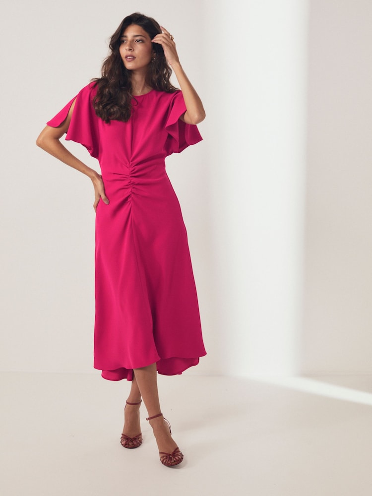 Pink Short Sleeve Ruched Midi Dress - Image 1 of 7