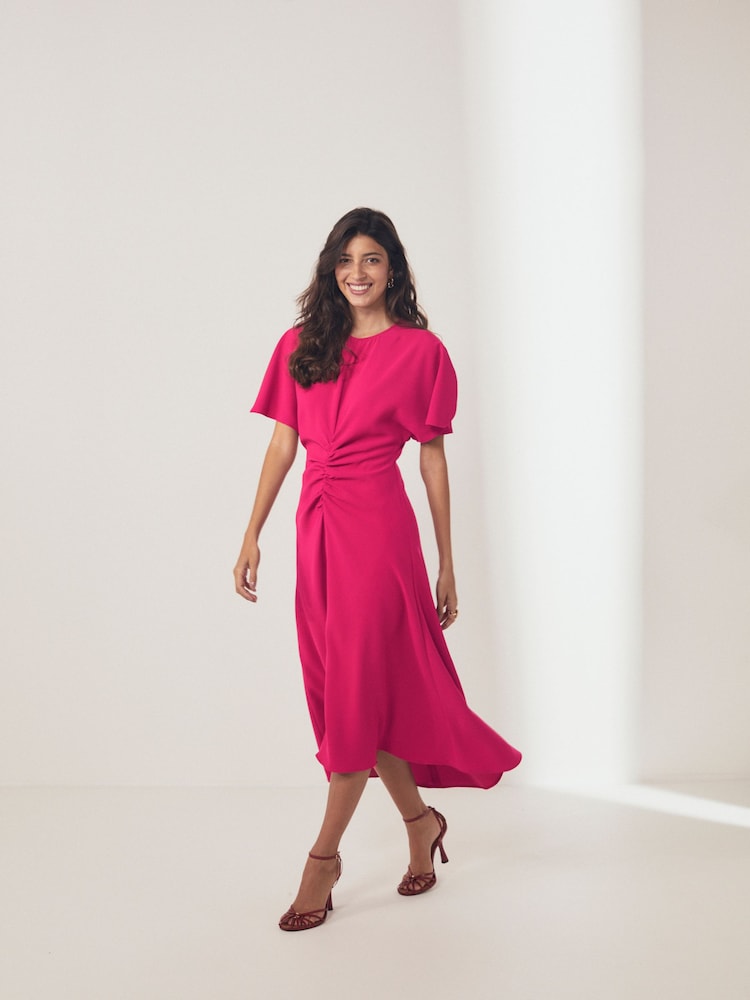 Pink Short Sleeve Ruched Midi Dress - Image 2 of 7