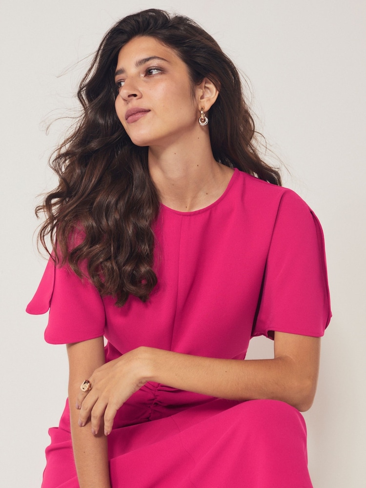 Pink Short Sleeve Ruched Midi Dress - Image 4 of 7