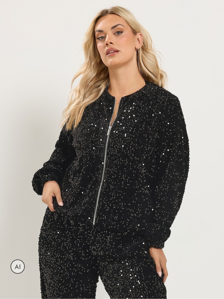 Yours Curve Black Sequin Bomber Jacket - Image 1 of 7 Yours Curve Black Sequin Bomber Jacket - Image 1 of 7