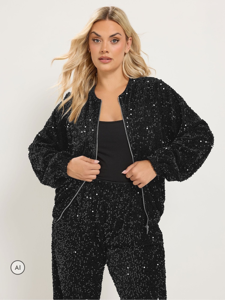 Yours Curve Black Sequin Bomber Jacket - Image 2 of 7 Yours Curve Black Sequin Bomber Jacket - Image 2 of 7