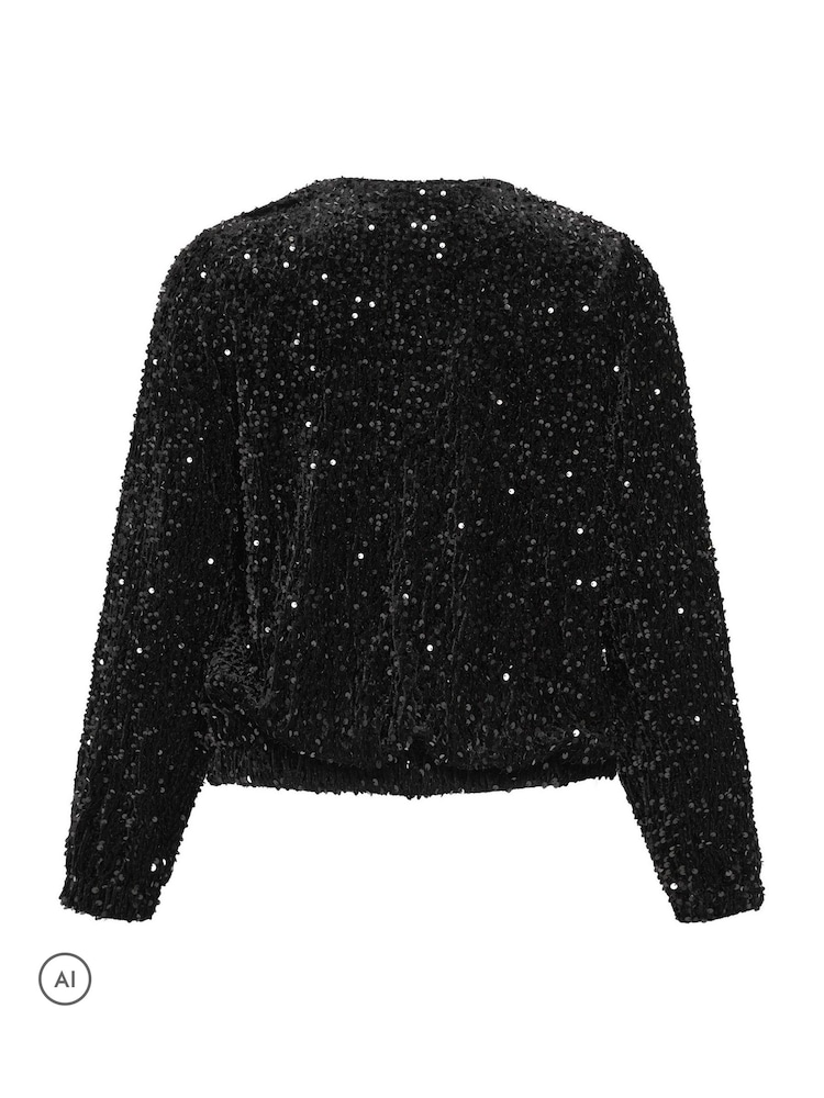 Yours Curve Black Sequin Bomber Jacket - Image 7 of 7 Yours Curve Black Sequin Bomber Jacket - Image 7 of 7