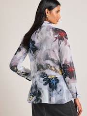 Grey/Black Abstract Printed Flutter Hem Long Sleeve Blouse - Image 2 of 6
