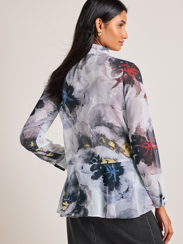 Grey/Black Abstract Printed Flutter Hem Long Sleeve Blouse - Image 2 of 6