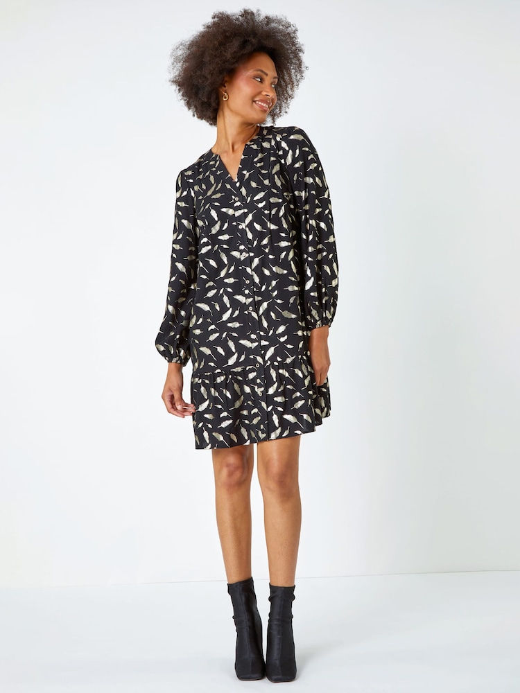 Dusk Black Metallic Foil Feather Shirt Dress - Image 1 of 5