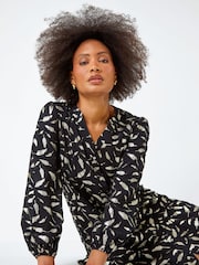 Dusk Black Metallic Foil Feather Shirt Dress - Image 2 of 5