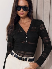 Lipsy Black Lace Henley Top - Image 1 of 5