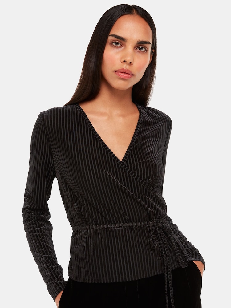 Whistles Velvet Stripe Wrap Black Cardigan - Image 1 of 5