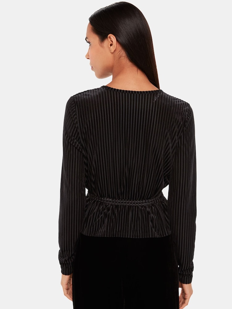 Whistles Velvet Stripe Wrap Black Cardigan - Image 2 of 5
