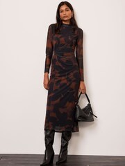 Mint Velvet Brown Abstract Print Mesh Midi Dress - Image 1 of 7