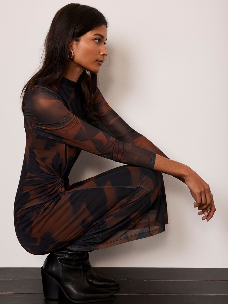 Mint Velvet Brown Abstract Print Mesh Midi Dress - Image 2 of 7