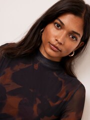 Mint Velvet Brown Abstract Print Mesh Midi Dress - Image 4 of 7