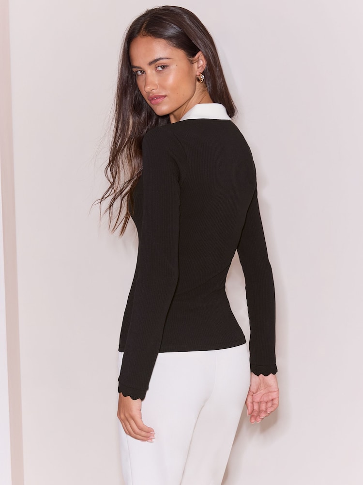 Черный - Lipsy Contrast Collar Long Sleeve Jersey Rib Polo Shirt - Изображение 5 5