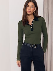 Зеленый хаки - Lipsy Contrast Collar Long Sleeve Jersey Rib Polo Shirt - Изображение 1 6