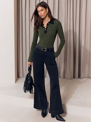 Зеленый хаки - Lipsy Contrast Collar Long Sleeve Jersey Rib Polo Shirt - Изображение 2 6