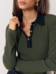 Зеленый хаки - Lipsy Contrast Collar Long Sleeve Jersey Rib Polo Shirt - Изображение 3 6