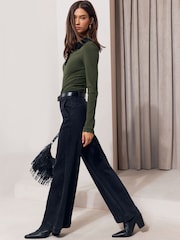 Зеленый хаки - Lipsy Contrast Collar Long Sleeve Jersey Rib Polo Shirt - Изображение 4 6