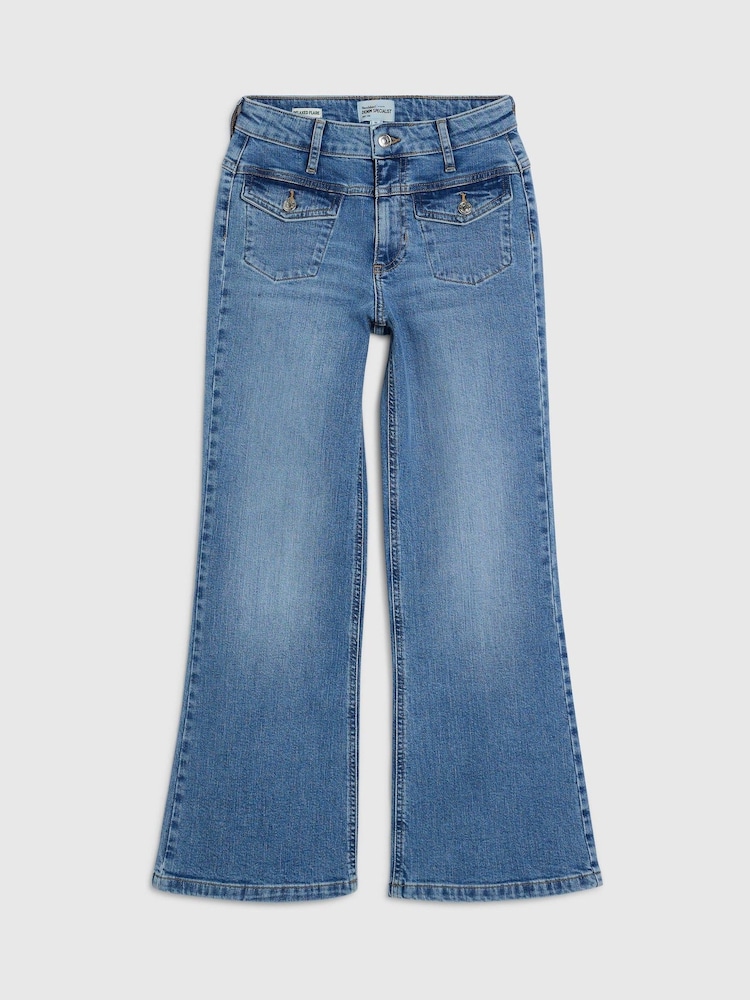 River Island Blue Petite High Rise Relaxed Flare Jeans - Image 1 of 1 River Island Blue Petite High Rise Relaxed Flare Jeans - Image 1 of 1