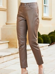 Sosandar Taupe Leather Straight Leg Trousers - Image 2 of 5