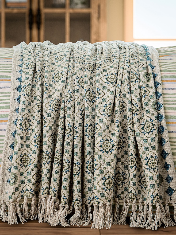 Joules Cream Country Tiles Throw - Image 1 of 4 Joules Cream Country Tiles Throw - Image 1 of 4