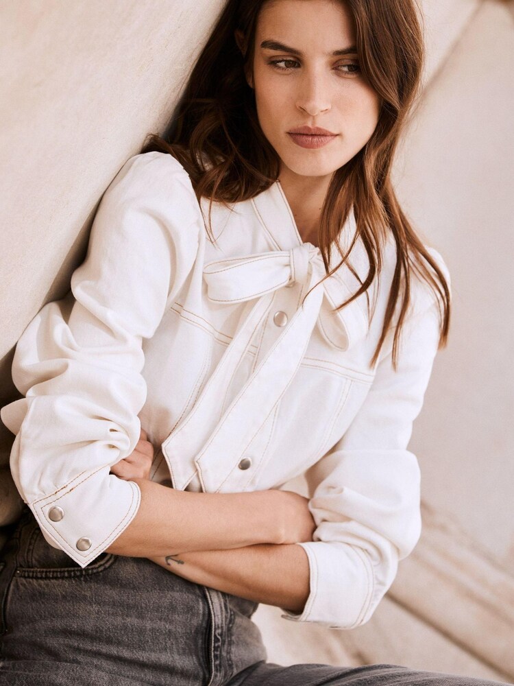 Mint Velvet Cream Denim Bow Blouse - Image 1 of 6