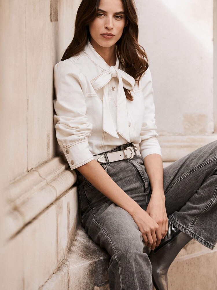 Mint Velvet Cream Denim Bow Blouse - Image 2 of 6