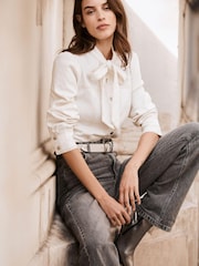 Mint Velvet Cream Denim Bow Blouse - Image 3 of 6