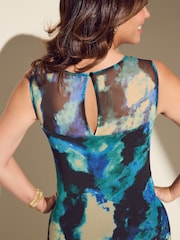 Myleene Klass Aqua Blue Printed Mesh Cowl Neck Midi Dress - Image 5 of 6