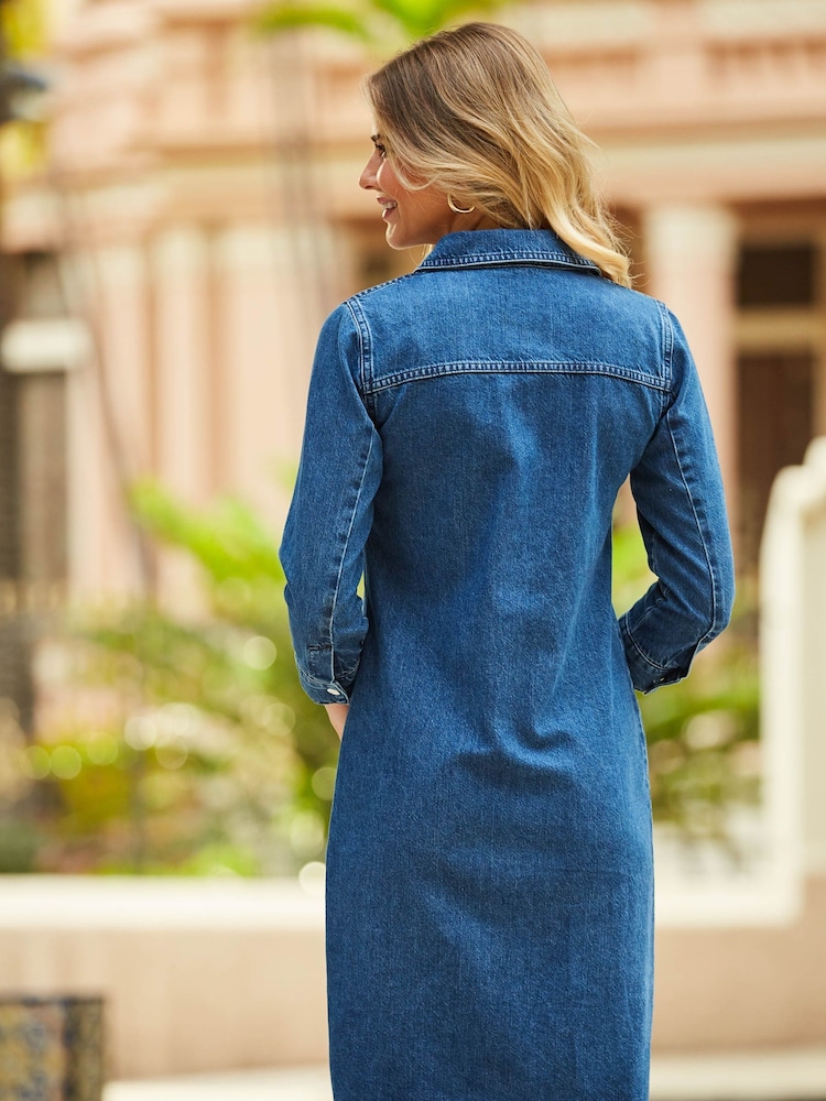 Sosandar Blue Popper Front Shift Dress - Image 2 of 5