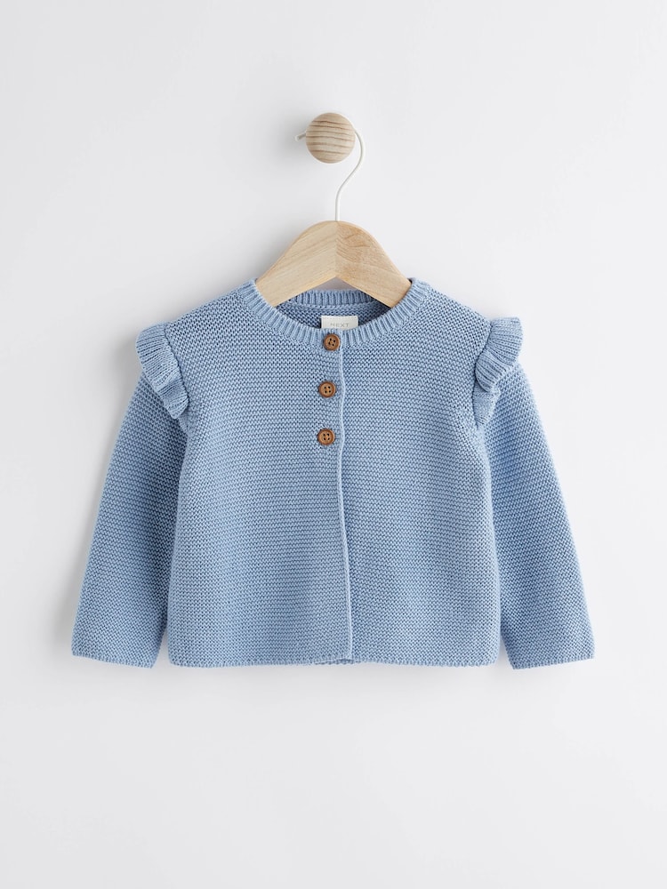 Blue Baby Frill Shoulder Knitted Cardigan (0mths-2yrs) - Image 1 of 7 Blue Baby Frill Shoulder Knitted Cardigan (0mths-2yrs) - Image 1 of 7