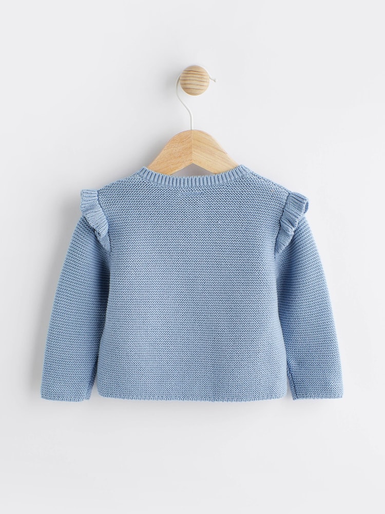 Blue Baby Frill Shoulder Knitted Cardigan (0mths-2yrs) - Image 2 of 7 Blue Baby Frill Shoulder Knitted Cardigan (0mths-2yrs) - Image 2 of 7