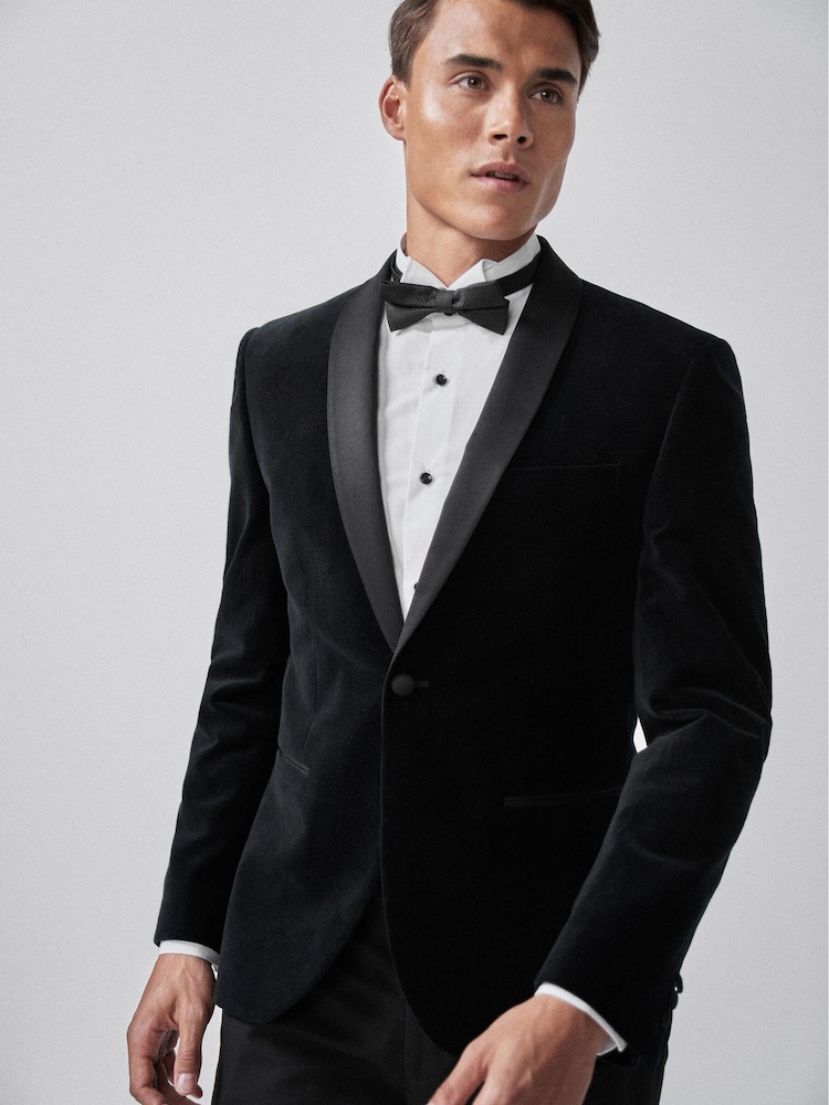 Black Skinny Fit Velvet Jacket - Image 1 of 5
